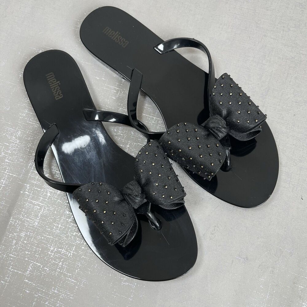 Melissa Women Harmonic Jelly Sandal 8 Black Studded Bow Flip Flop Beach - Picture 2 of 11